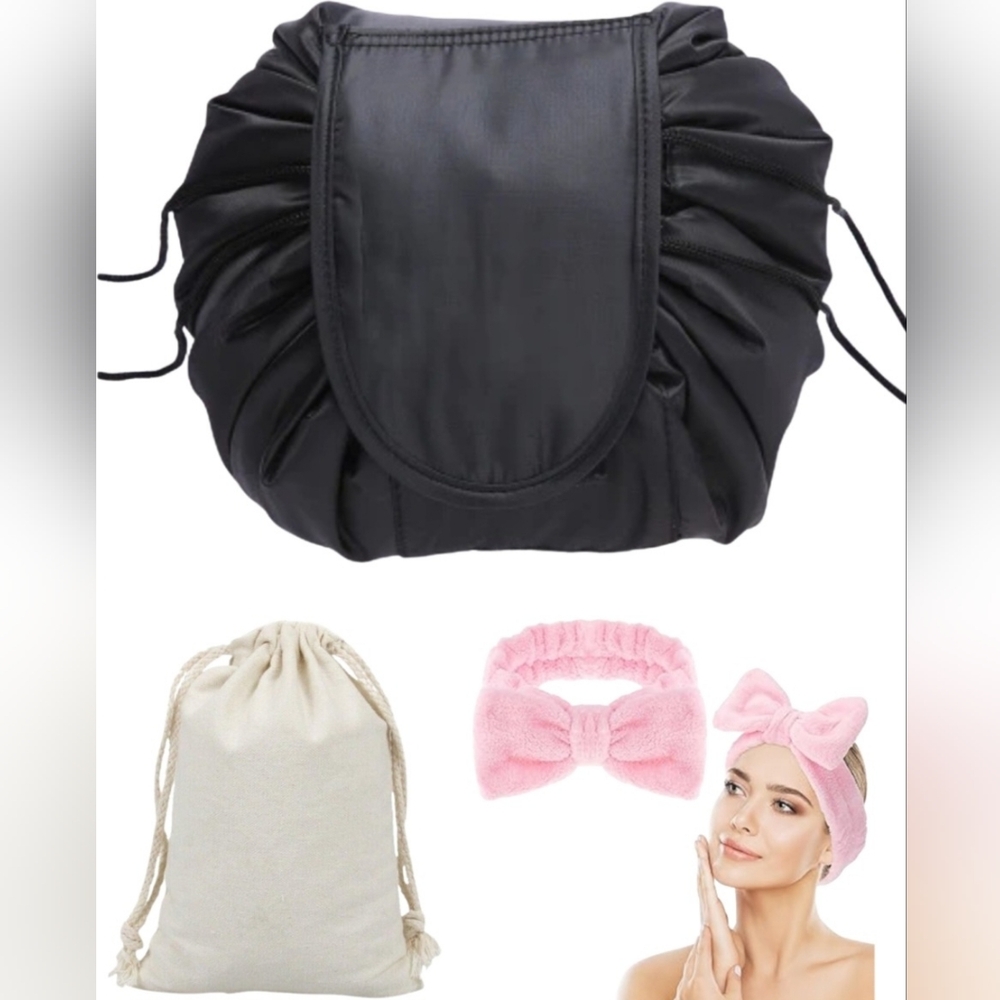Drawstring Makeup Bag – Travel Cosmetic Organizer - Includes Spa Headband